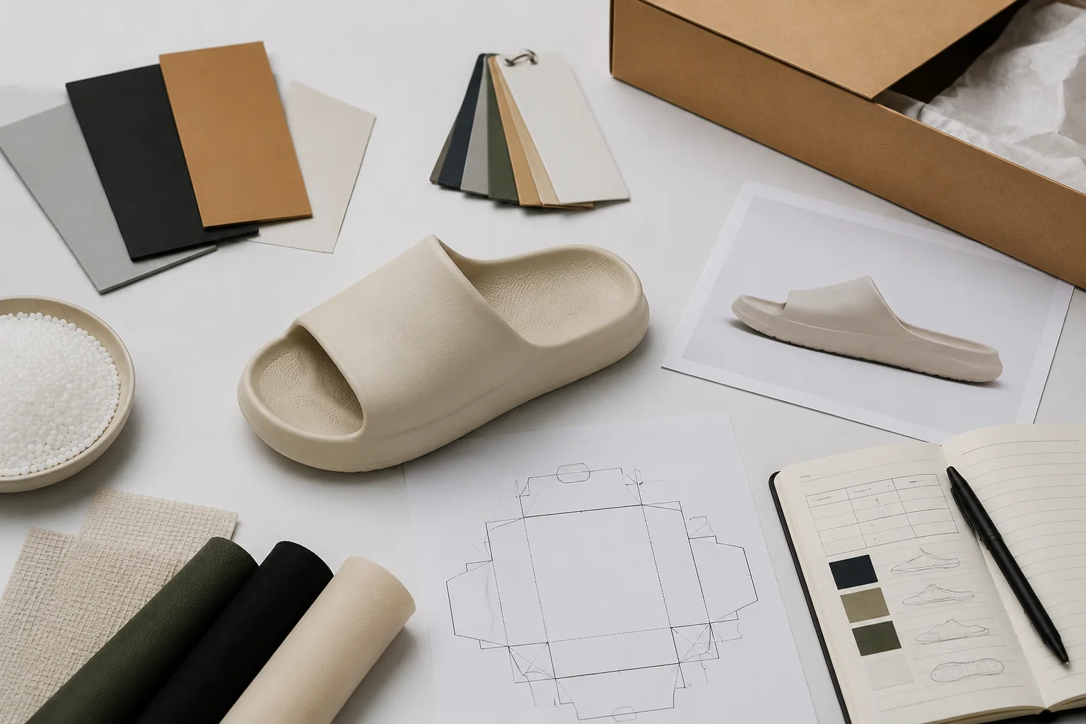 Private label slide brief with an EVA slide reference, color swatches, packaging notes, and sourcing documents on a worktable