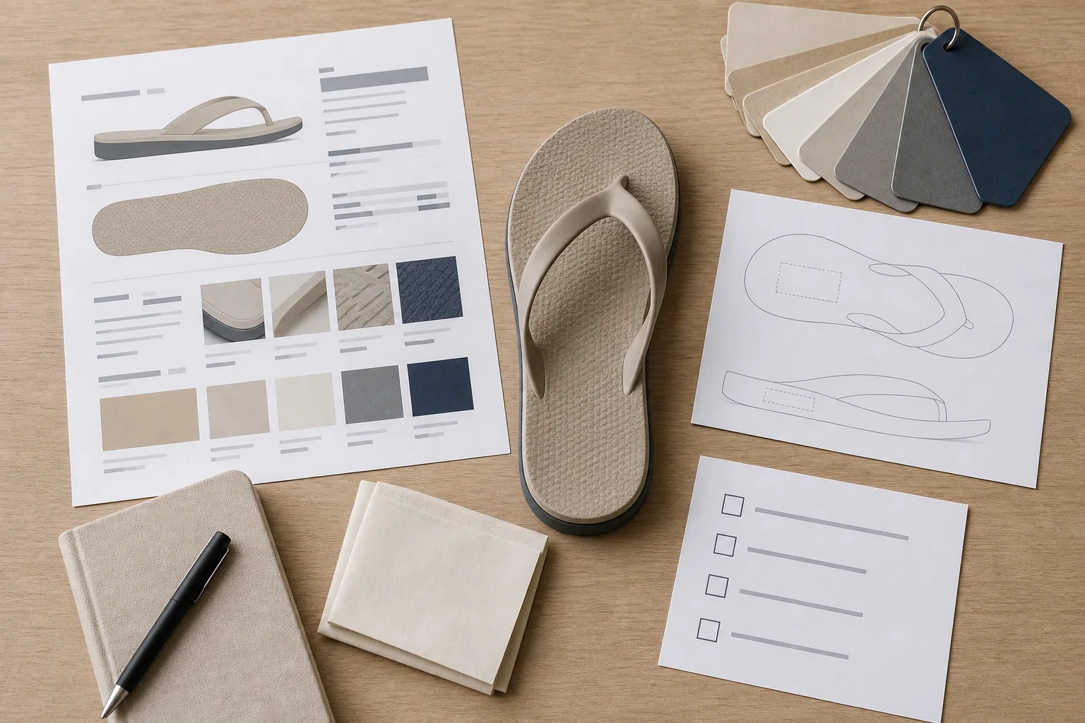 Custom beach sandal brief with a product sample, reference sheet, branding artwork, packing notes, and approval checklist